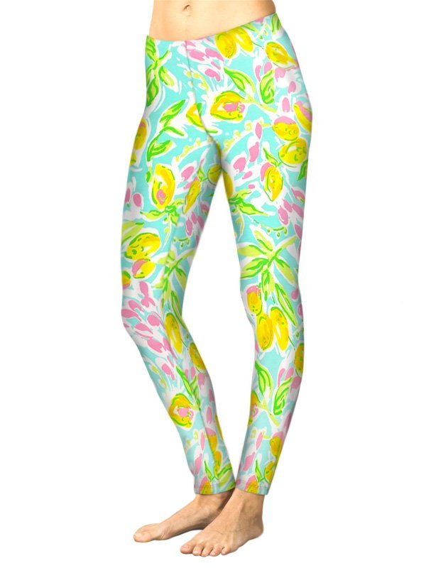 Tropical Lemon Print Leggings - Aqua Yellow