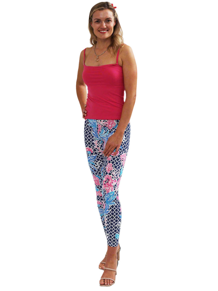 Floral Geometric Print Leggings - Navy Pink