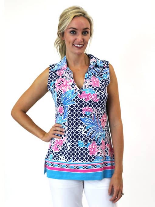 Floral Geometric Print Polo Top - Navy Pink Collared