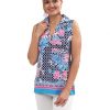 Floral Geometric Print Polo Top - Navy Pink Collared