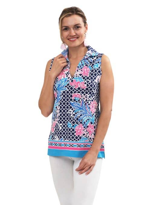 Floral Geometric Print Polo Top - Navy Pink Collared
