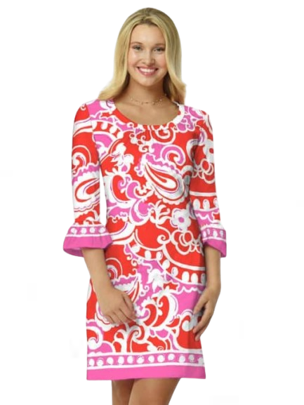 Paisley Scroll Print Shift Dress - Red Pink Bell Sleeve