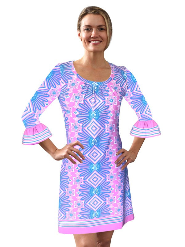 Aztec Geometric Print Shift Dress - Lavender Pink Bell Sleeve