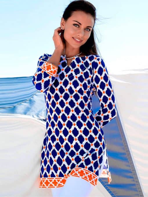 Moroccan Lattice Print Tunic - Black White Bell Sleeve