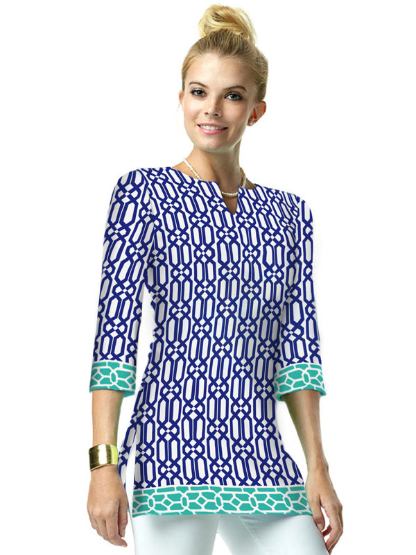 Geometric Trellis Print Tunic - Navy White Bell Sleeve
