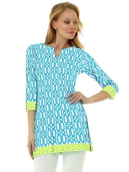 Geometric Trellis Print Tunic - Navy White Bell Sleeve