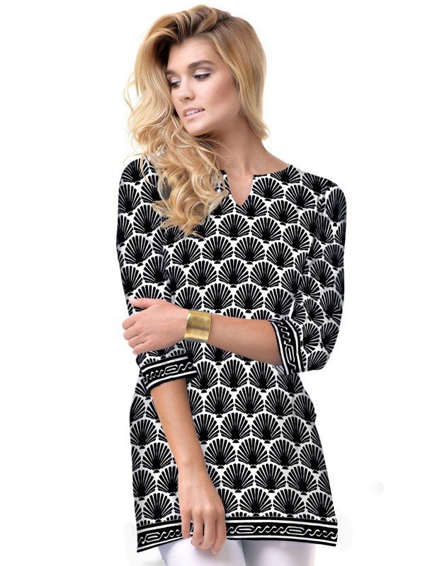 Art Deco Shell Print Tunic - Black White Bell Sleeve