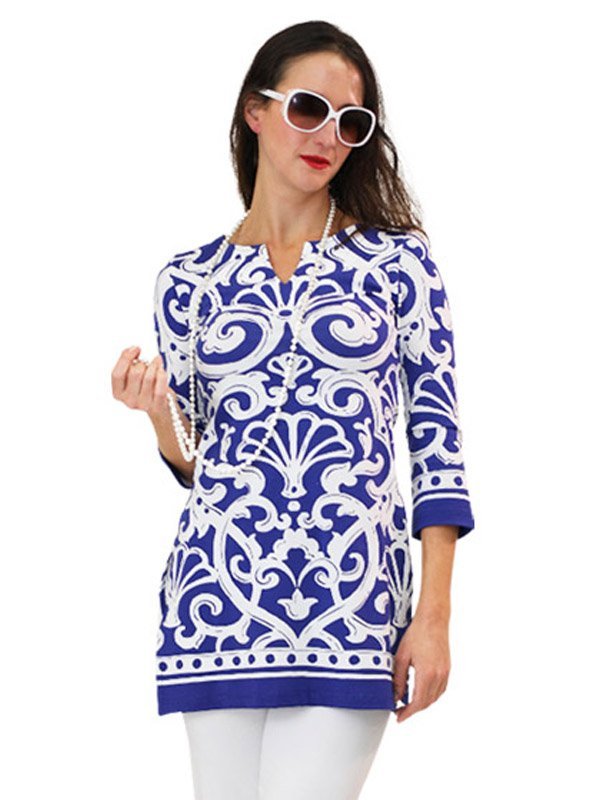 Damask Floral Print Tunic - Navy White Bell Sleeve