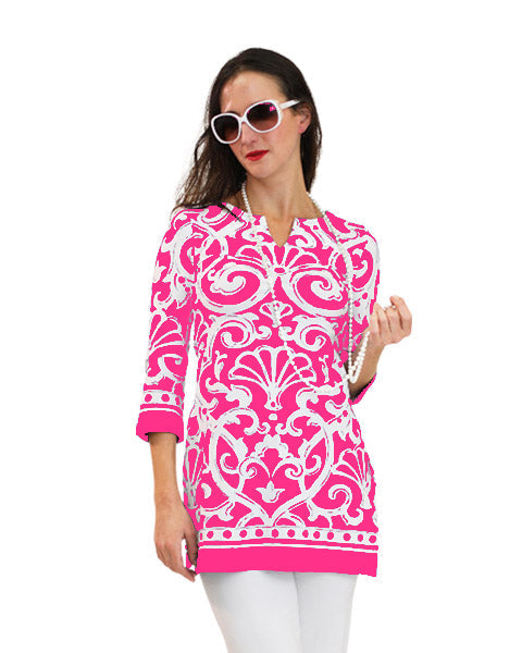 Damask Floral Print Tunic - Navy White Bell Sleeve