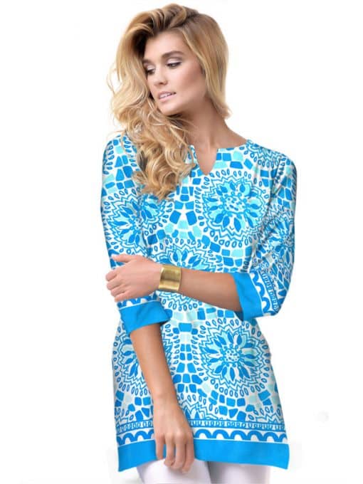 Floral Medallion Print Tunic - Turquoise Blue Bell Sleeve