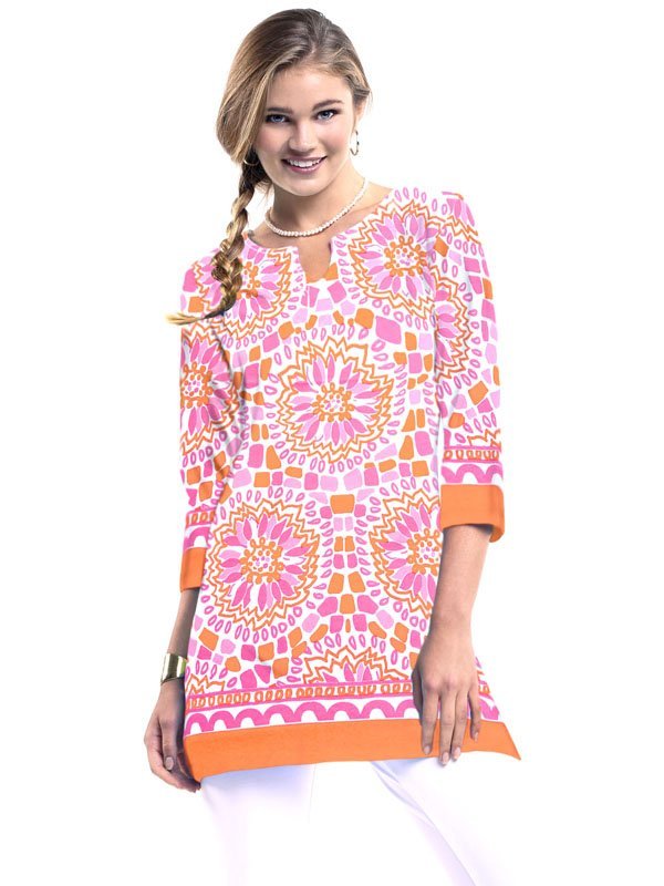 Floral Medallion Print Tunic - Turquoise Blue Bell Sleeve