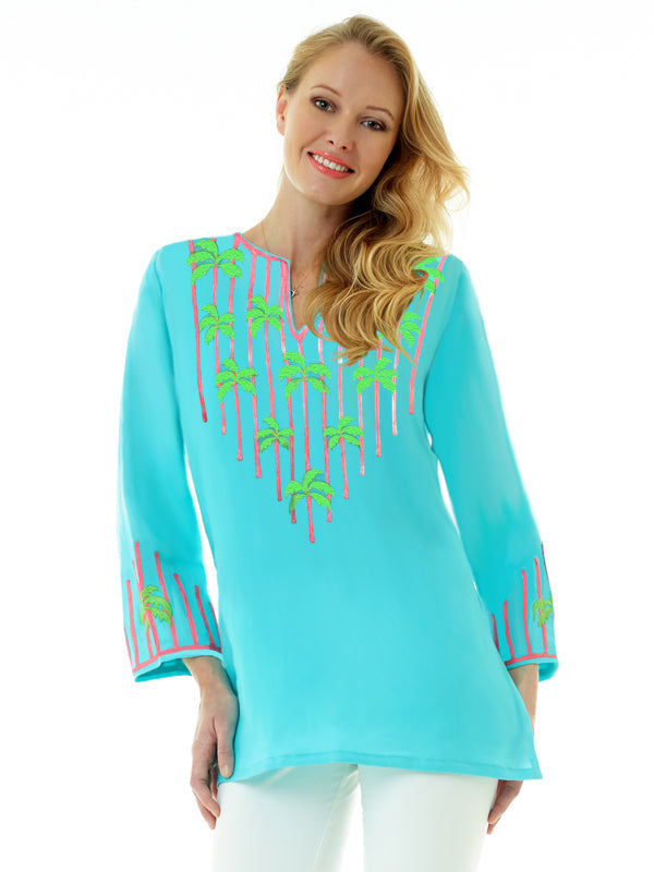 Palm Tree Embroidered Tunic - Turquoise Pink