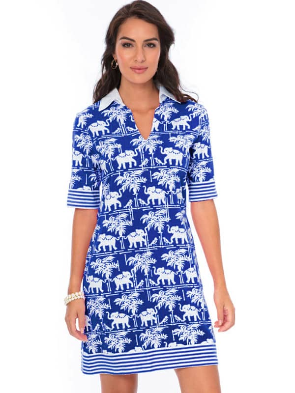 Elephant Palm Print Polo Dress - Navy White Collared