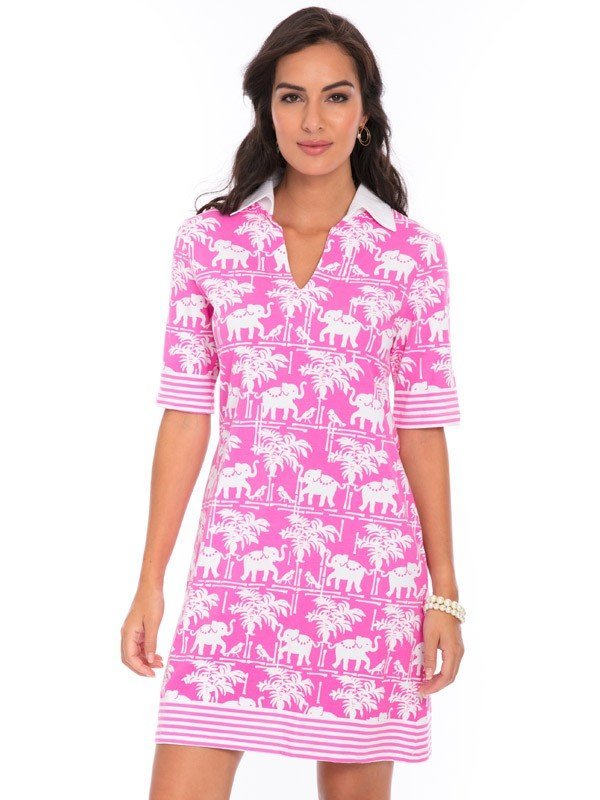 Elephant Palm Print Polo Dress - Navy White Collared