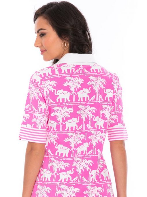 Elephant Palm Print Polo Dress - Navy White Collared