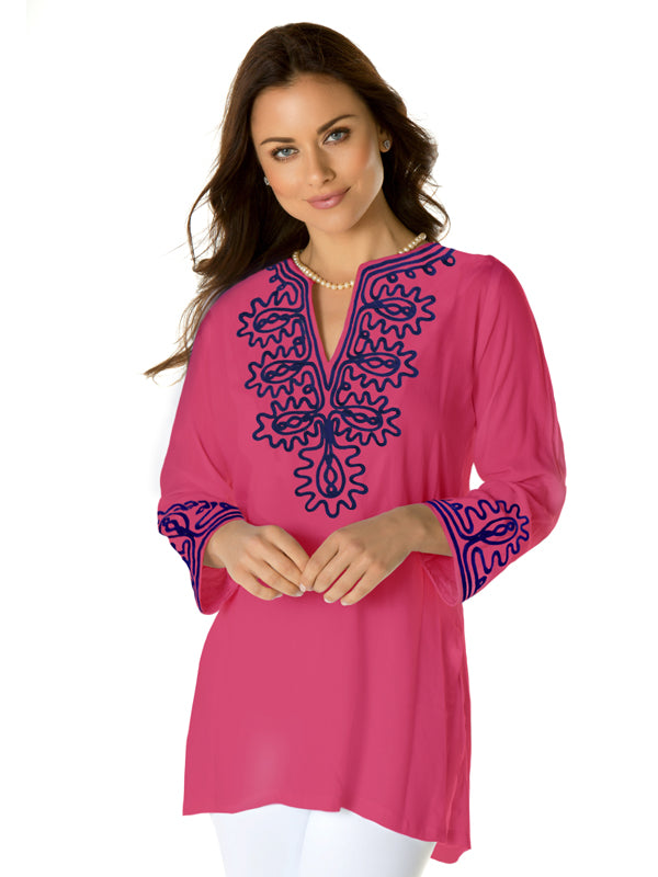 Scroll Embroidered Tunic - Pink Navy