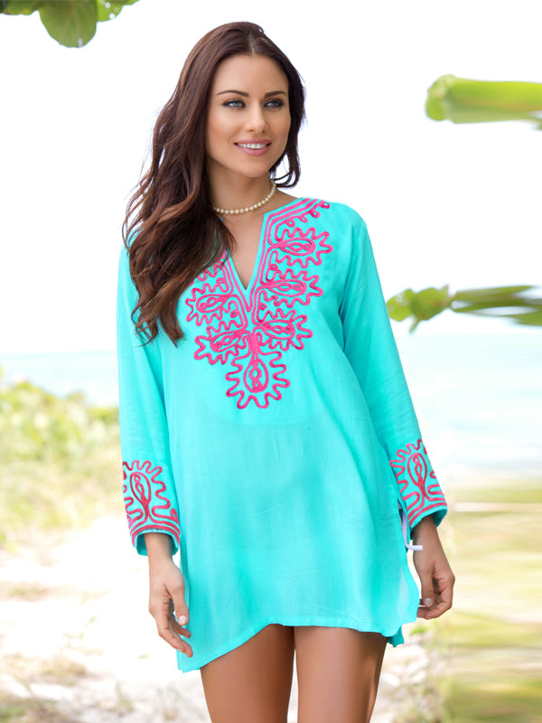 Scroll Embroidered Tunic - Pink Navy