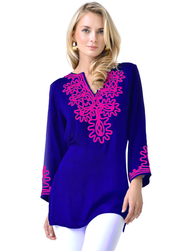 Scroll Embroidered Tunic - Pink Navy