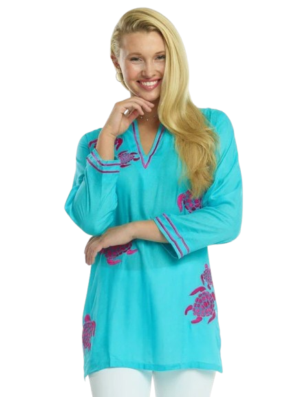 Sea Turtle Embroidered Tunic - Turquoise Pink