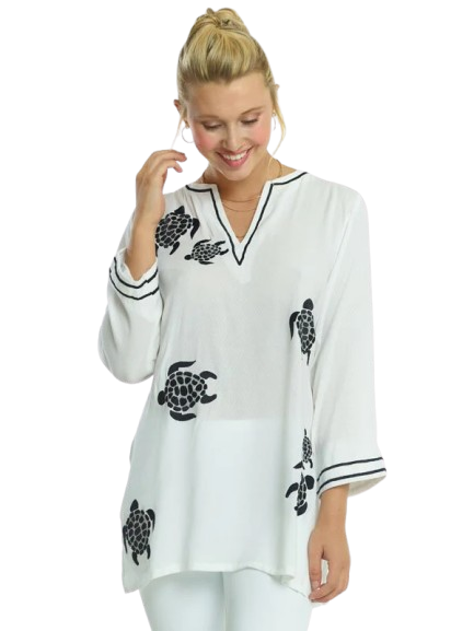 Sea Turtle Embroidered Tunic - Turquoise Pink