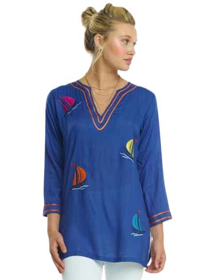 Sailboat Embroidered Tunic - Pink Multi