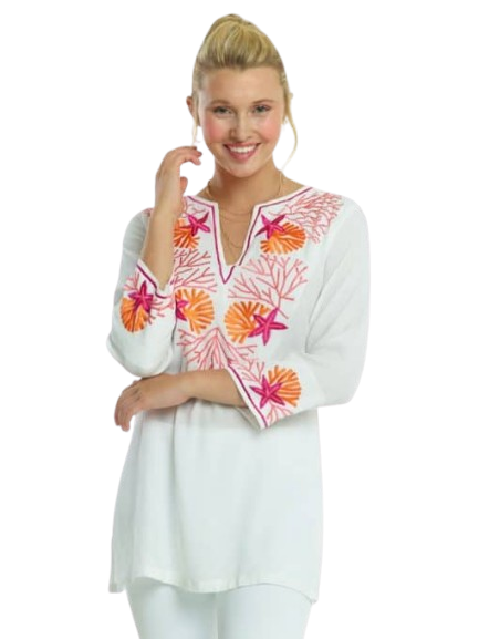 Sea Life Coral Embroidered Tunic - White Coral