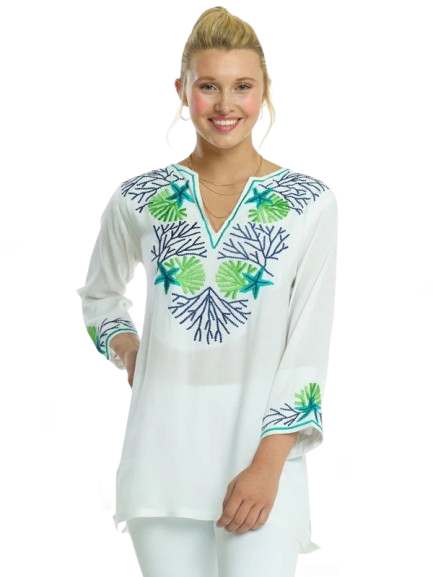 Sea Life Coral Embroidered Tunic - White Coral
