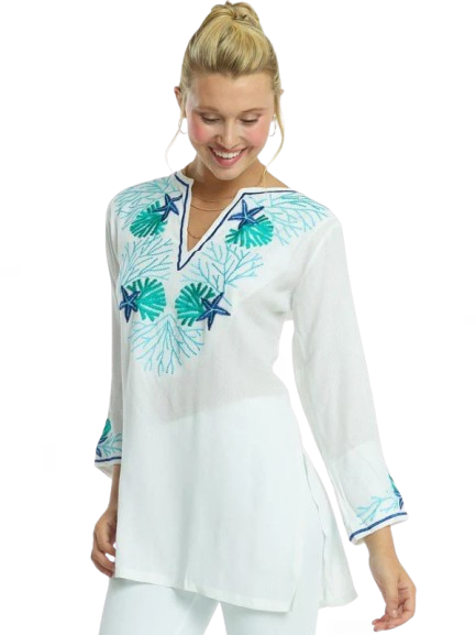 Sea Life Coral Embroidered Tunic - White Coral