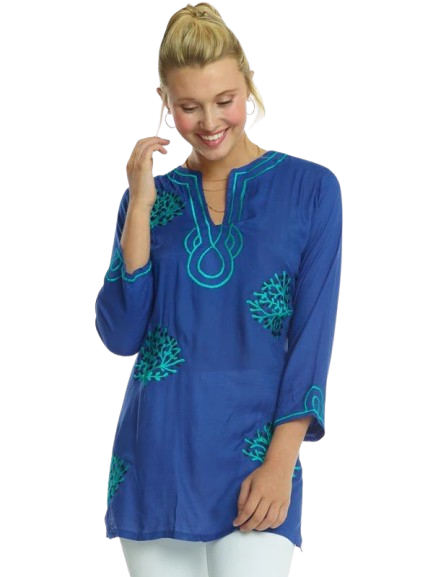 Scroll Embroidered Tunic - Royal Blue Turquoise