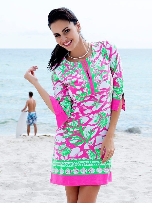 Sea Life Coral Print Shift Dress - Pink Green V-Neck