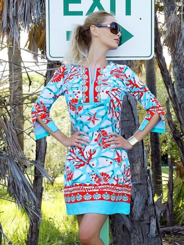 Sea Life Coral Print Shift Dress - Pink Green V-Neck