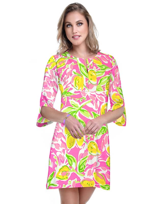 Tropical Lemon Print Shift Dress - Pink Yellow V-Neck