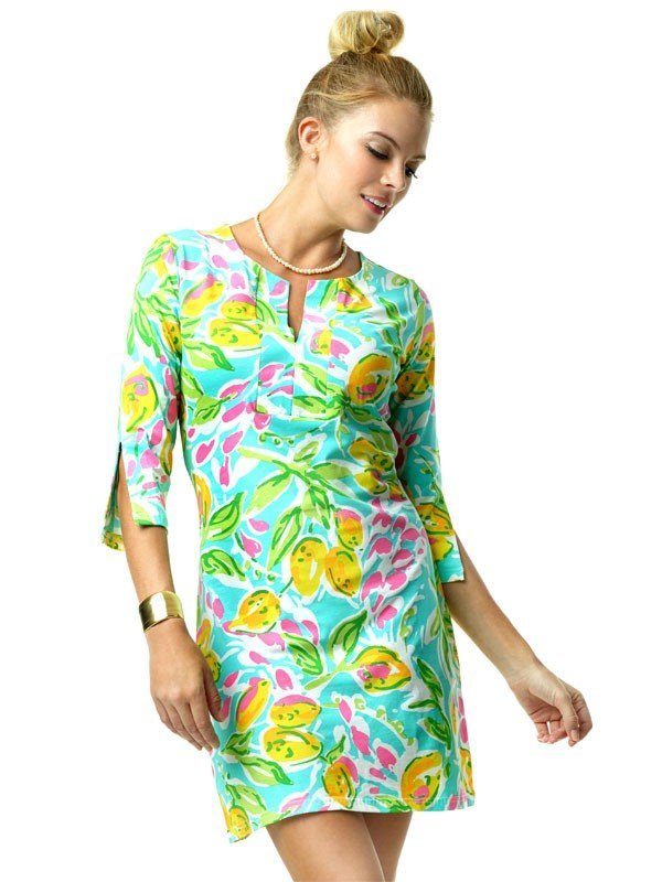 Tropical Lemon Print Shift Dress - Pink Yellow V-Neck