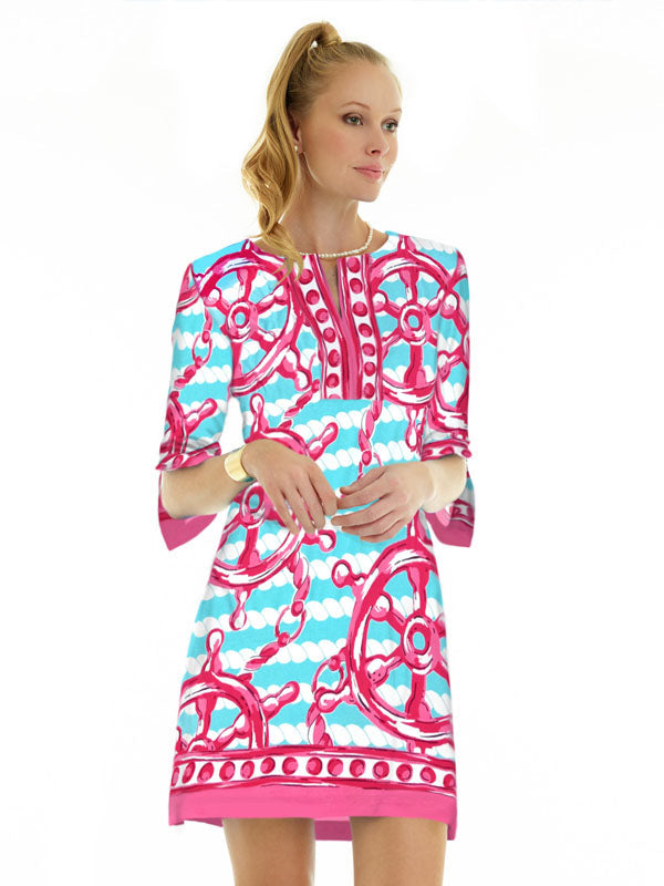 Nautical Scroll Print Shift Dress - Blue White Boat Neck