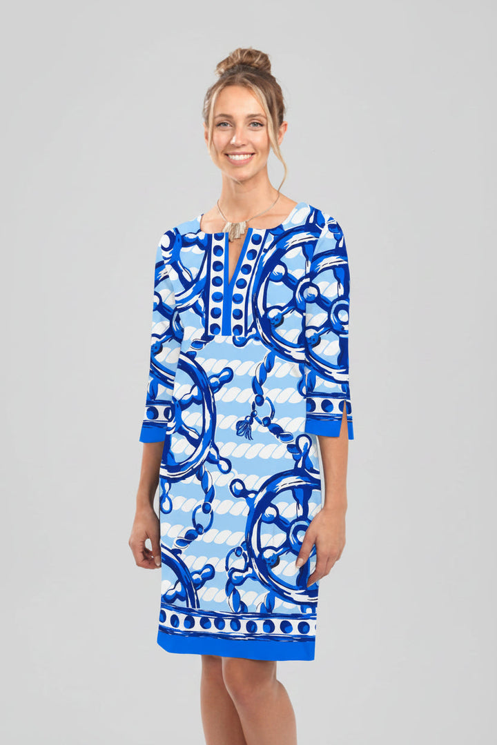 Nautical Scroll Print Shift Dress - Blue White Boat Neck