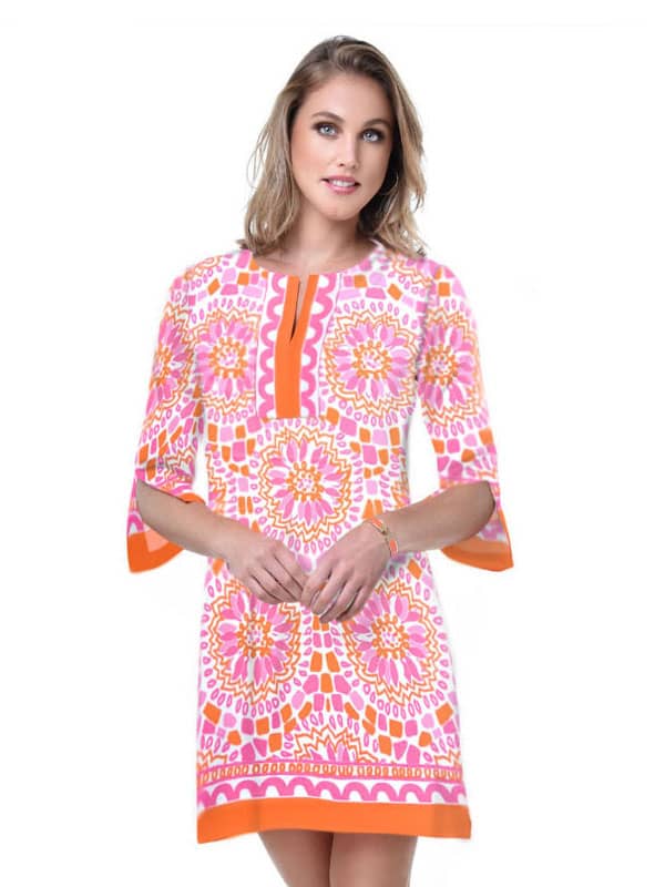 Sunflower Medallion Print Shift Dress - Pink Orange Bell Sleeve