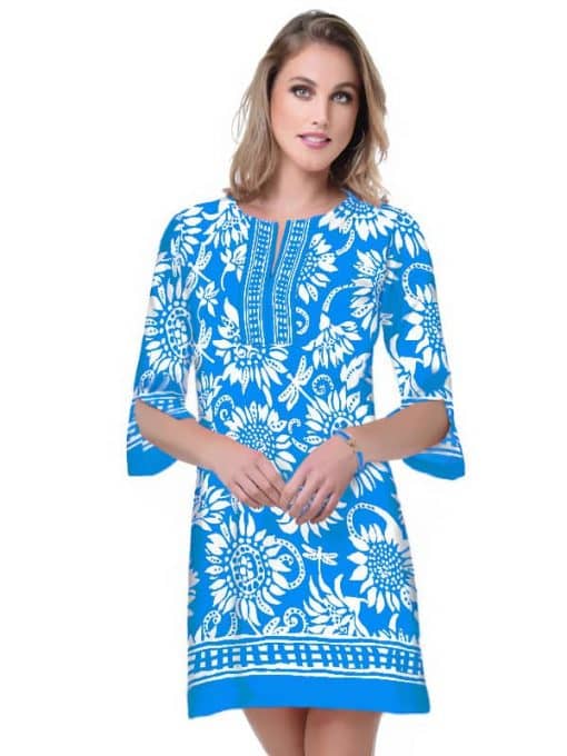 Sunflower Dragonfly Batik Print Shift Dress - Turquoise White Bell Sleeve