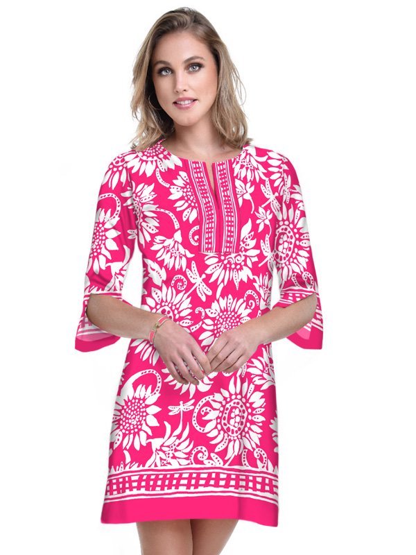 Sunflower Dragonfly Batik Print Shift Dress - Turquoise White Bell Sleeve