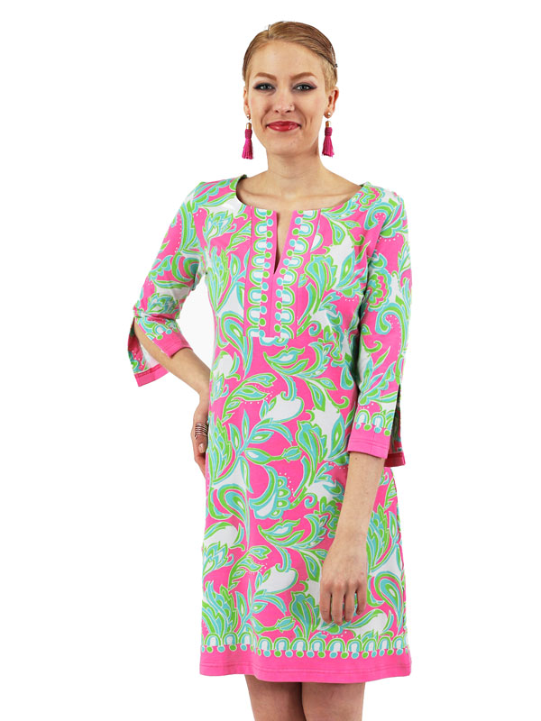 Tropical Floral Print Shift Dress - Green Pink Bell Sleeve