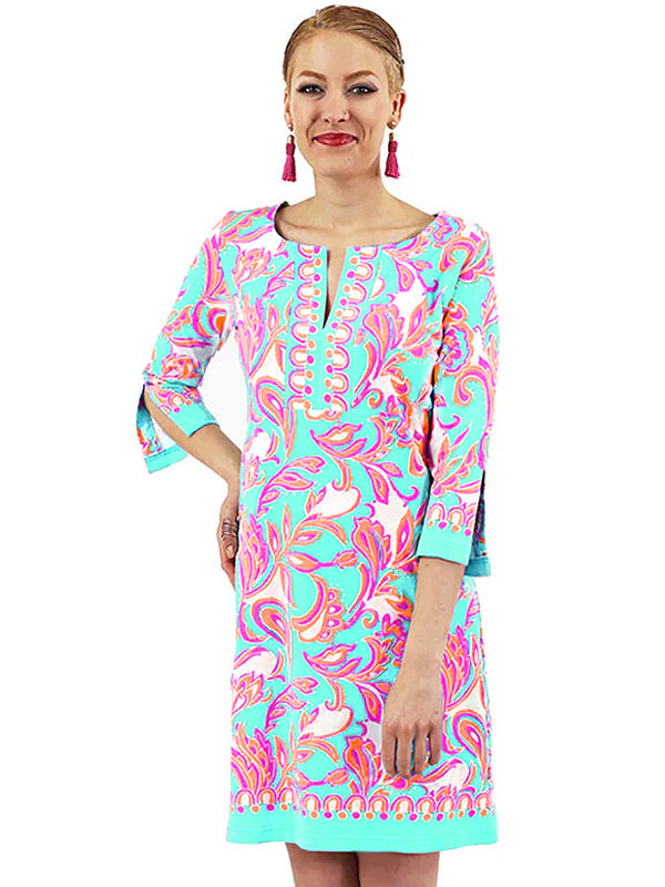 Tropical Floral Print Shift Dress - Green Pink Bell Sleeve