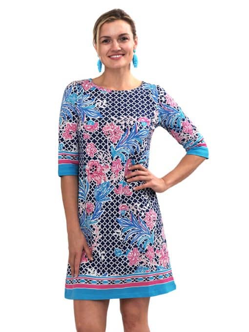 Floral Patchwork Print Shift Dress - Navy Pink Boat Neck