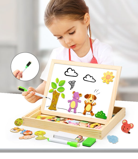 Wooden Magnetic Puzzle Box with Drawing Board, 3D Figure Play Set for Kids 3+