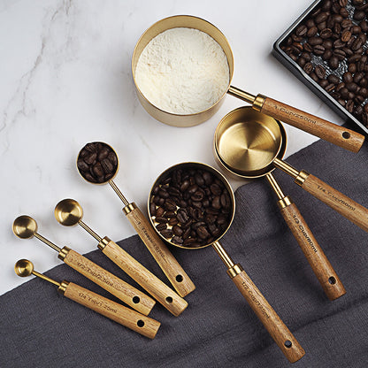 Gold Stainless Steel Measuring Cups and Spoons Set with Acacia Wood Handles