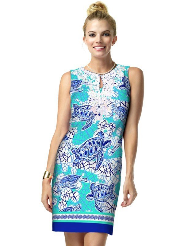 Sea Turtle Print Shift Dress - Blue Green V-Neck