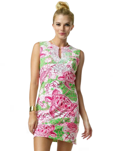 Sea Turtle Print Shift Dress - Blue Green V-Neck