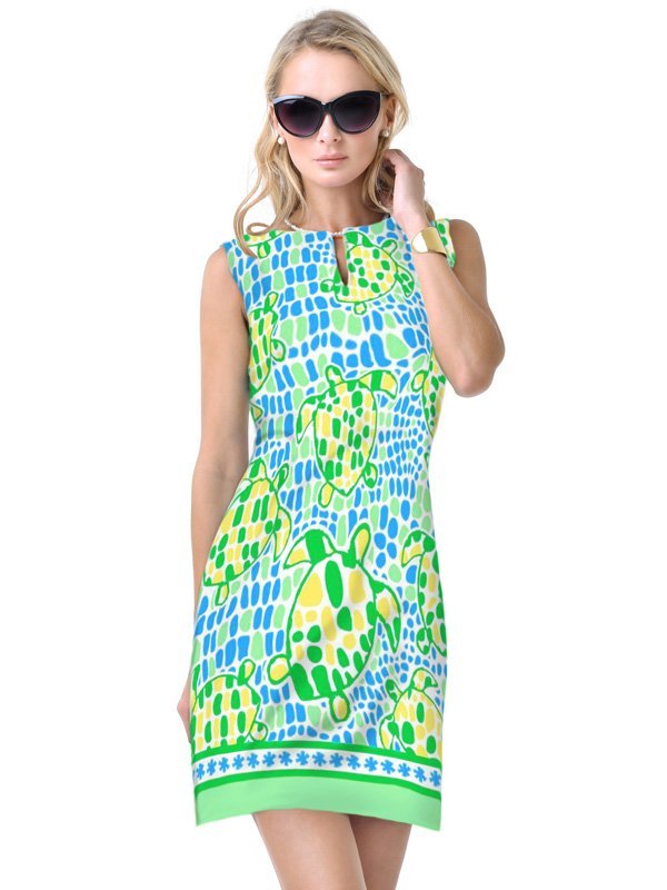 Tropical Turtle Print Shift Dress - Green Blue V-Neck