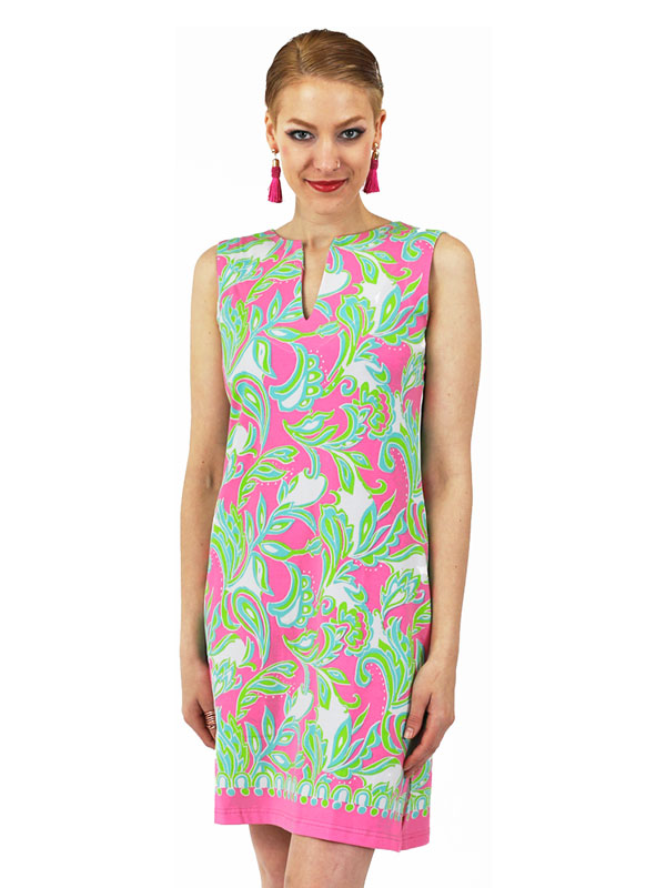Tropical Floral Print Shift Dress - Green Pink V-Neck