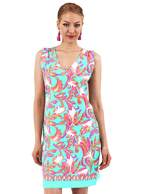 Tropical Floral Print Shift Dress - Green Pink V-Neck