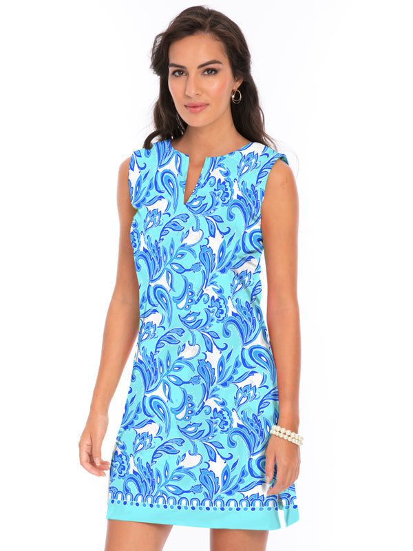 Tropical Floral Print Shift Dress - Green Pink V-Neck