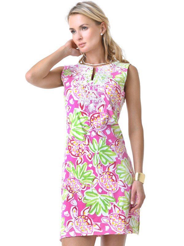 Tropical Floral Print Shift Dress - Pink Green V-Neck